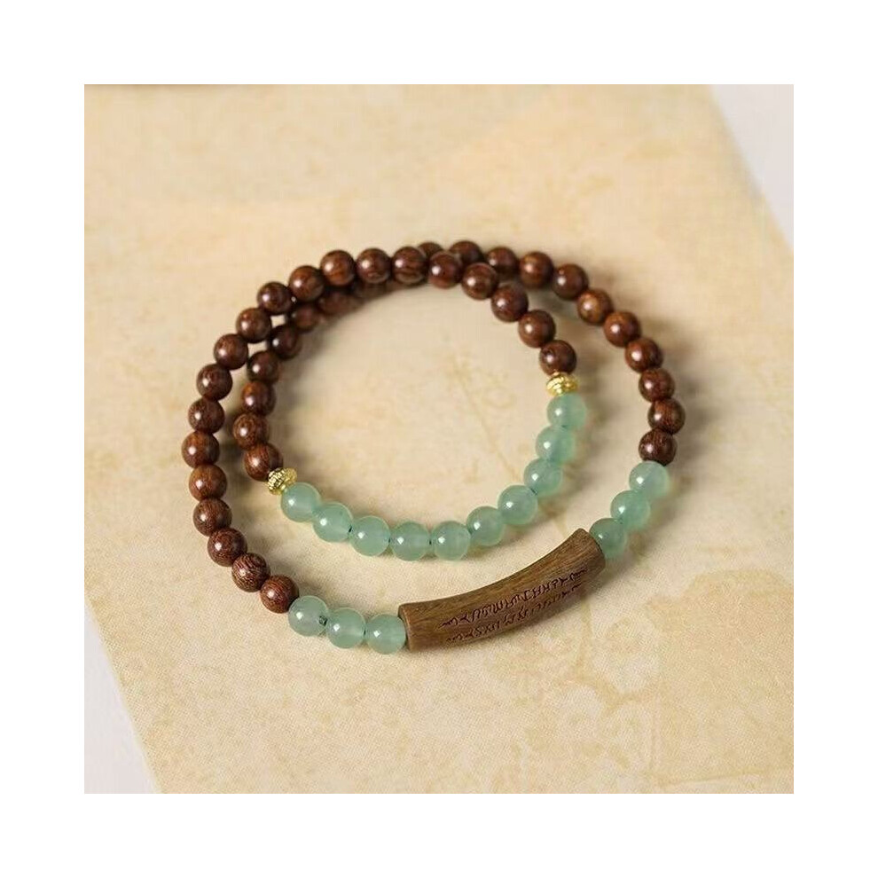 Bracelet de luxe chinois zen en perles de bois de santal vert et d'agate blanche, bracelet double cinq