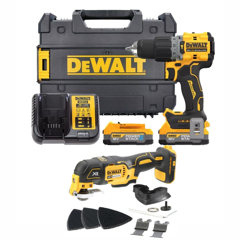 Dewalt DCD805E2T 18v XR Brushless Powerstack Combi Hammer Drill + DCS355N Multi