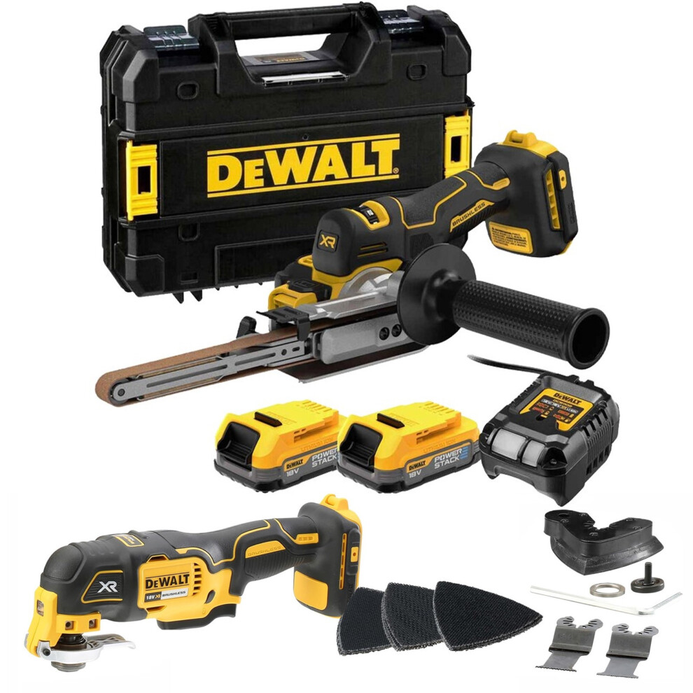 Dewalt DCM200E2T 18v XR Cordless Brushless Bandsaw Sander + DCS355N Multi Tool