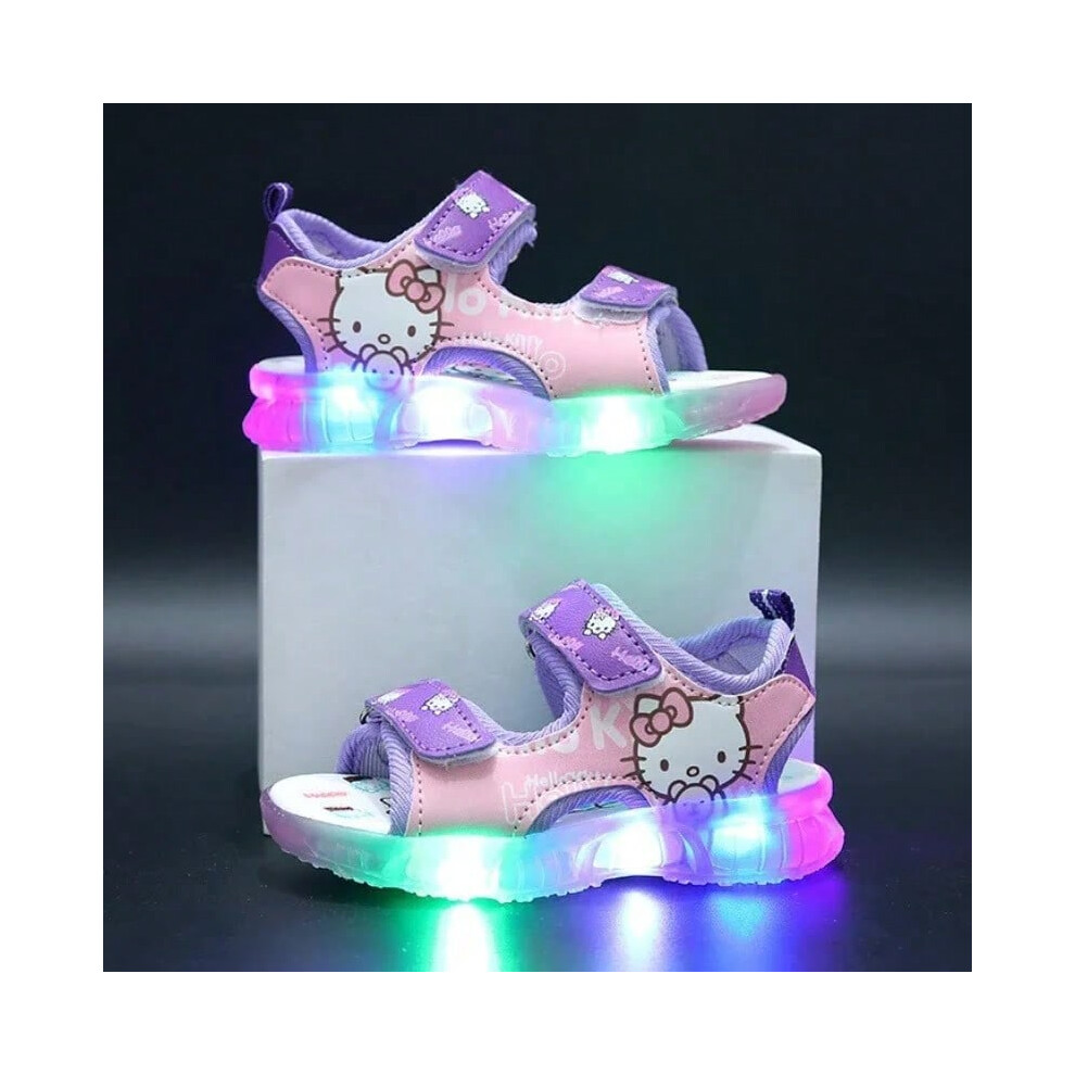 (PURPLE, 28 (Inner 17cm)) 2025 Summer New Baby Girls Led Light Sandals Cute Hello Kitty Children's Casual Shoes Anti-slip Kids Beach Shoes Outdoor Shoes