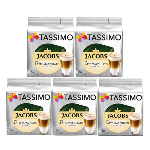 Tassimo Jacobs Latte Macchiato Vanilla Coffee Pods x8 (Pack of 5, Total 40 Pods)