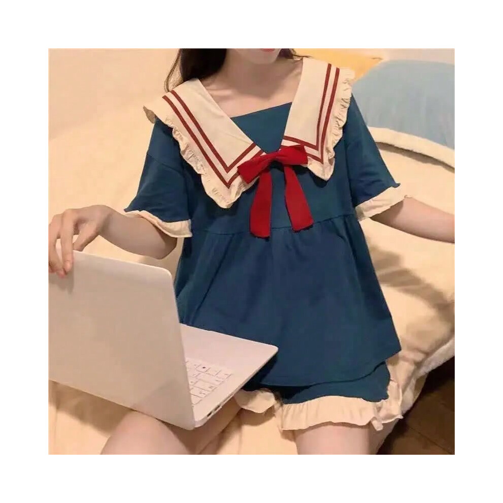 (Blue102, XL) Pajamas Two-Piece Female Spring and Summer New Short-Sleeved Princess Navy Wind Sweet and Cute Students Cartoon Ladies Homewear