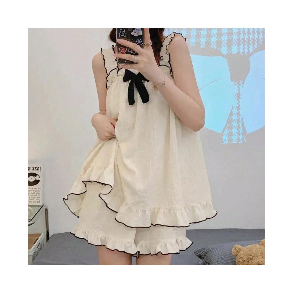 (White8803, L) Pajamas Women Summer Sling Pajamas Homewear Set Sleeveless Shorts Simple Cute Ladies Student Pajamas Bubble Cotton Homewear