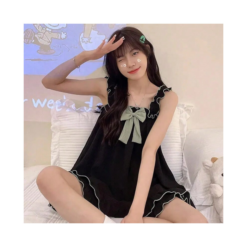 (Black8806, XXL) Pajamas Women Summer Sling Pajamas Homewear Set Sleeveless Shorts Simple Cute Ladies Student Pajamas Bubble Cotton Homewear