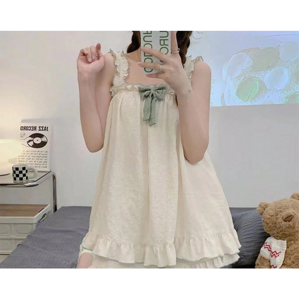 (Green8804, L) Pajamas Women Summer Sling Pajamas Homewear Set Sleeveless Shorts Simple Cute Ladies Student Pajamas Bubble Cotton Homewear