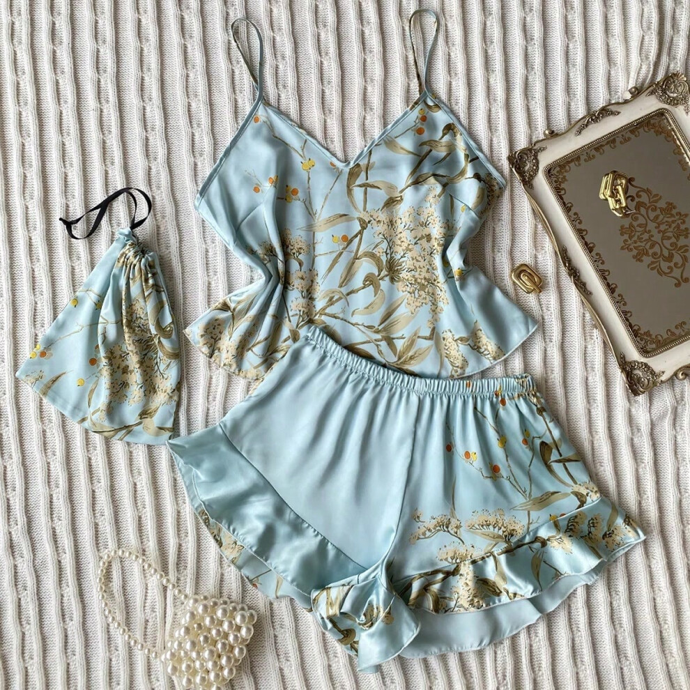 (Turquoise, XL) Elegant Floral Print Cami Tops   Ruffle Hem Shorts Pajama Set  Women's Sleepwear   Loungewear