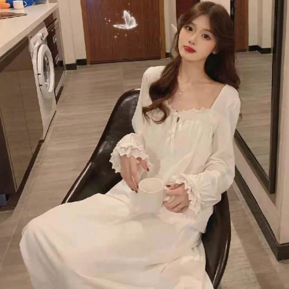 (White, Free-50-75KG) Long Sleeve Princess Style Nightdress Women's Pajamas Lace Palace Korean Version Loose Plus Size 2024 New Homewear Birthday Gift
