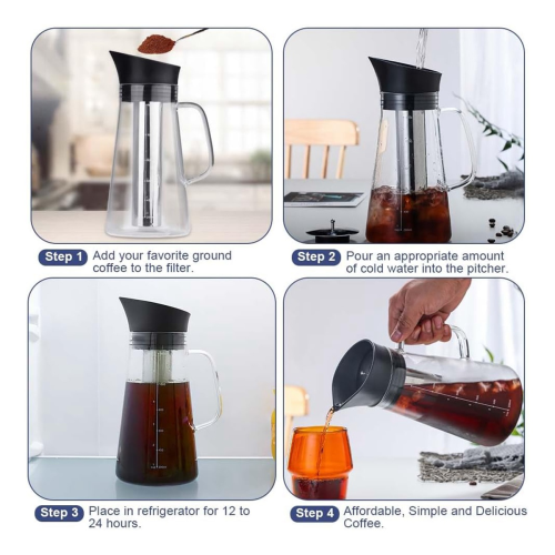 Caffettiera per caffè freddo, in vetro e con coperchio ermetico, 1,2 l 2