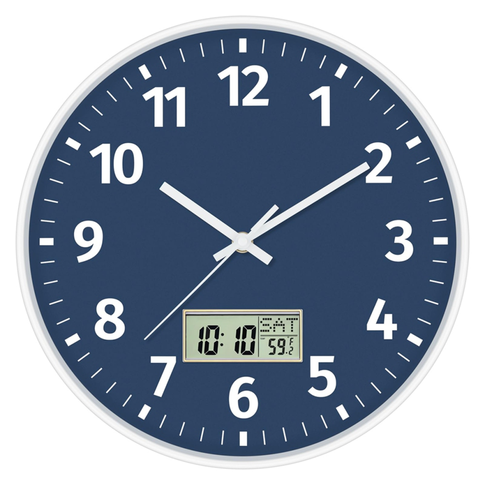 Silent Digital Wall Clock: Time, Day Of Week & Temperature, Battery-Operated, Large Display (Blue) Blue