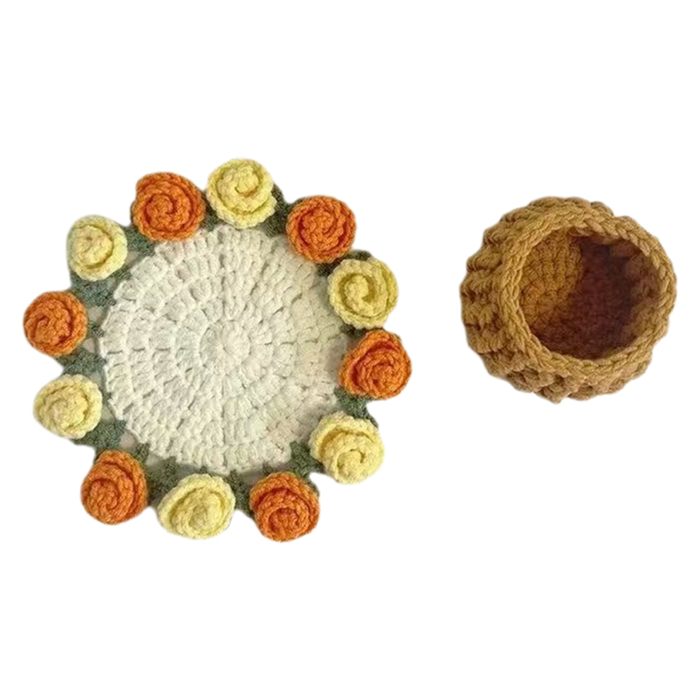 Dessous de verre en crochet avec bouquet de roses et panier B