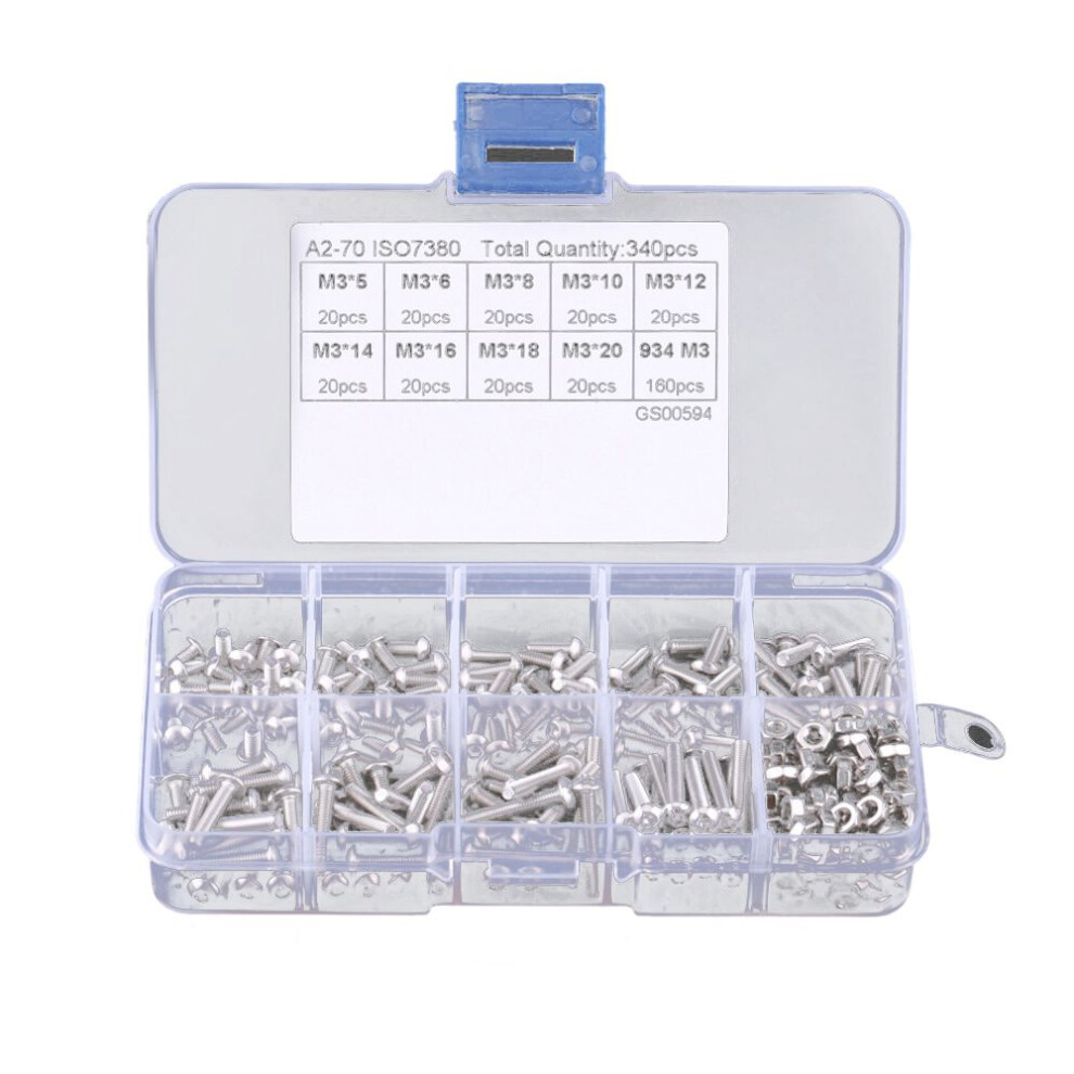 340Pcs M3 Hex Socket Screw Nut Screws Nuts Assortment Kit Fastener 4852331092287