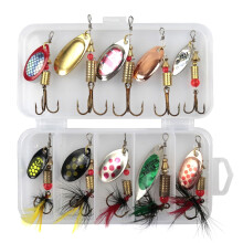 Lote de 10 señuelos de pesca tipo cuchara, de 3 a 7 g, de metal, con caja.