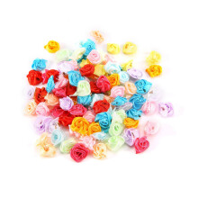 100 unidades/lote Mini fitas de cetim feitas à mão com apliques de flores em tecido de rosas