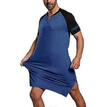 (3XL, blue) New Mens Nightshirt Short Sleeve Nightgown Sleepwear Men Oversized Comfort Cotton Nightwear Tops