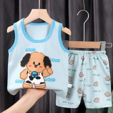 (110cm, One size) Summer Children's Cotton Tank Top Shorts Set Skin-Friendly Breathable Clothes for Boys Girls Kids