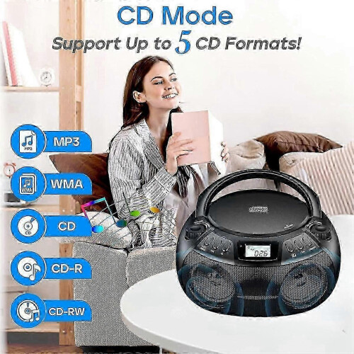 (As show, One size) CD Player Multifunction Portable Bluetooth CD Player Radio Dual Speaker Stereo Audio Input USB Player EU Plug 2
