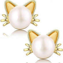 (As show, One size) Cat Earrings 18K White Gold Plated 925 Sterling Silver Cat Ear Stud Earrings,Freshwater Pearl Stud Earrings 7.5-8mm, 925 Sterling Silver Cute Cat Stud