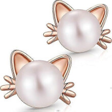 (As show, One size) Cat Earrings 18K White Gold Plated 925 Sterling Silver Cat Ear Stud Earrings,Freshwater Pearl Stud Earrings 7.5-8mm, 925 Sterling Silver Cute Cat Stud