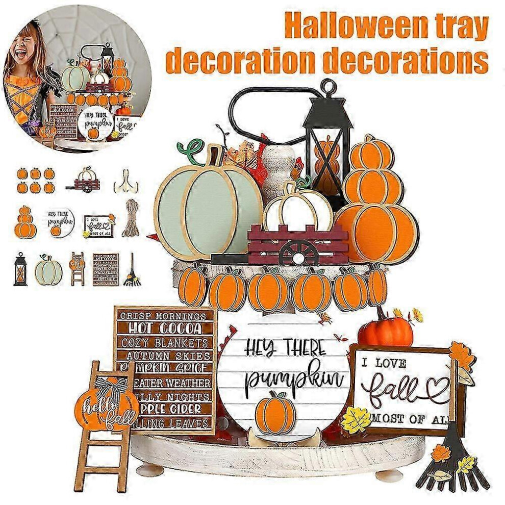 (As show, One size) Halloween Tray Decorations - Happy Halloween Wooden Signs - Farmhouse Fall Seasonal & Holiday Rustic Tiered Tray Decor for Home Table Gift