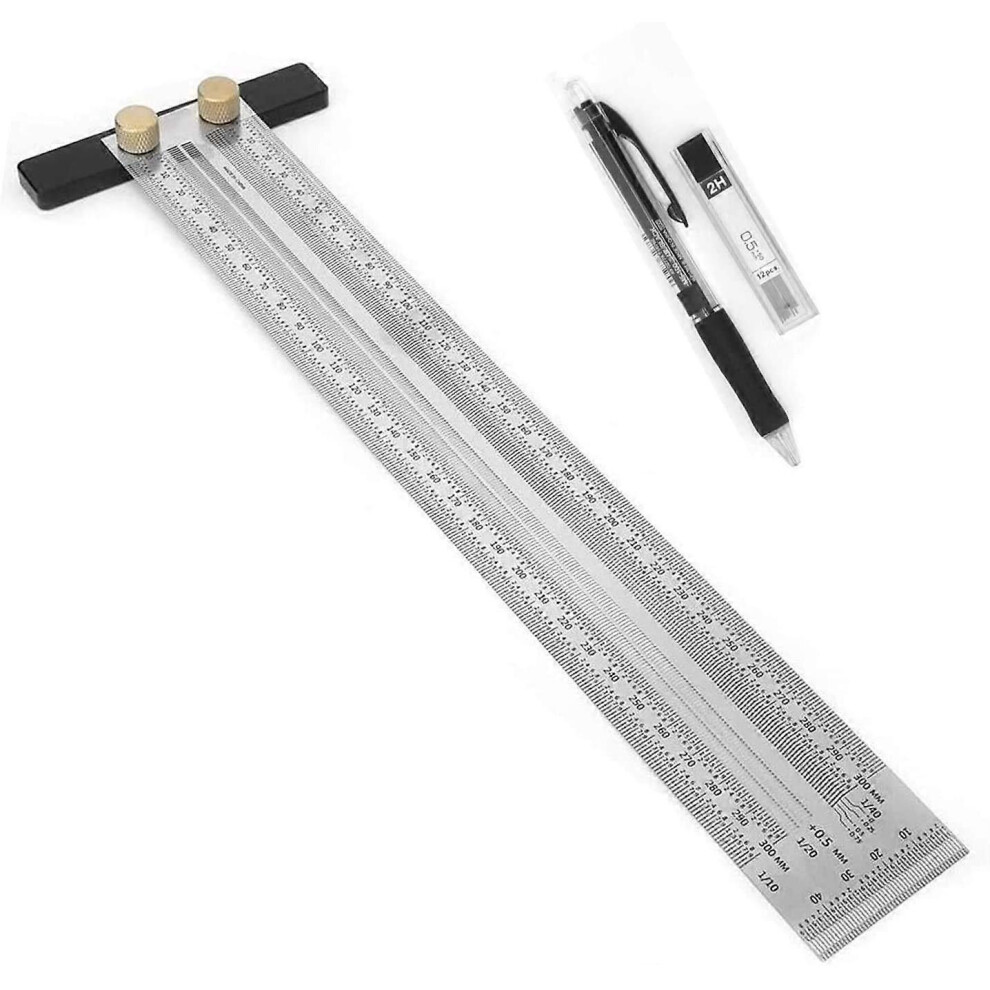 (As Show, One Size) 300Mm Precision T Square Ruler With Mechanical Pencil, Stainless Steel Marking Stainless Scribing Line Ruler Carpenter Protractor 4632131017211