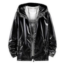 (XL, Silver) Mens Shiny Waterproof Hooded Jacket