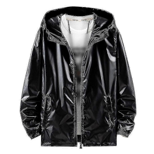 (XL, Silver) Mens Shiny Waterproof Hooded Jacket