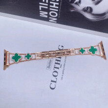 (Rose Gold+Green, 38/40/41MM) For i Watch1-8 Fashionable Diamond Inlaid Four-Leaf Clover Metal Watch Strap