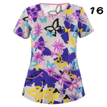 (2XL, #16) Womens Nursing Uniform Scrub V-neck Short Sleeve Tops With Pocket Blouse HOT