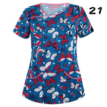 (2XL, #21) Womens Nursing Uniform Scrub V-neck Short Sleeve Tops With Pocket Blouse HOT