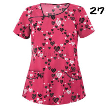 (3XL, #27) Womens Nursing Uniform Scrub V-neck Short Sleeve Tops With Pocket Blouse HOT