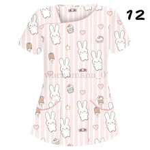 (L, #12) Womens Nursing Uniform Scrub V-neck Short Sleeve Tops With Pocket Blouse HOT