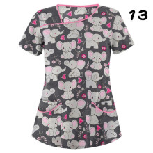 (L, #13) Womens Nursing Uniform Scrub V-neck Short Sleeve Tops With Pocket Blouse HOT