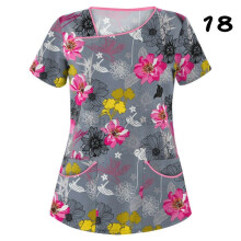 (L, #18) Womens Nursing Uniform Scrub V-neck Short Sleeve Tops With Pocket Blouse HOT