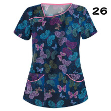 (L, #26) Womens Nursing Uniform Scrub V-neck Short Sleeve Tops With Pocket Blouse HOT