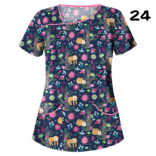 (L, #24) Womens Nursing Uniform Scrub V-neck Short Sleeve Tops With Pocket Blouse HOT
