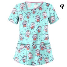 (L, #9) Womens Nursing Uniform Scrub V-neck Short Sleeve Tops With Pocket Blouse HOT