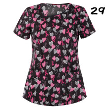 (L, #29) Womens Nursing Uniform Scrub V-neck Short Sleeve Tops With Pocket Blouse HOT
