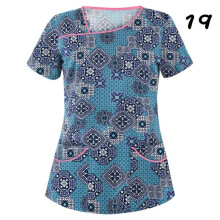 (S, #19) Womens Nursing Uniform Scrub V-neck Short Sleeve Tops With Pocket Blouse HOT