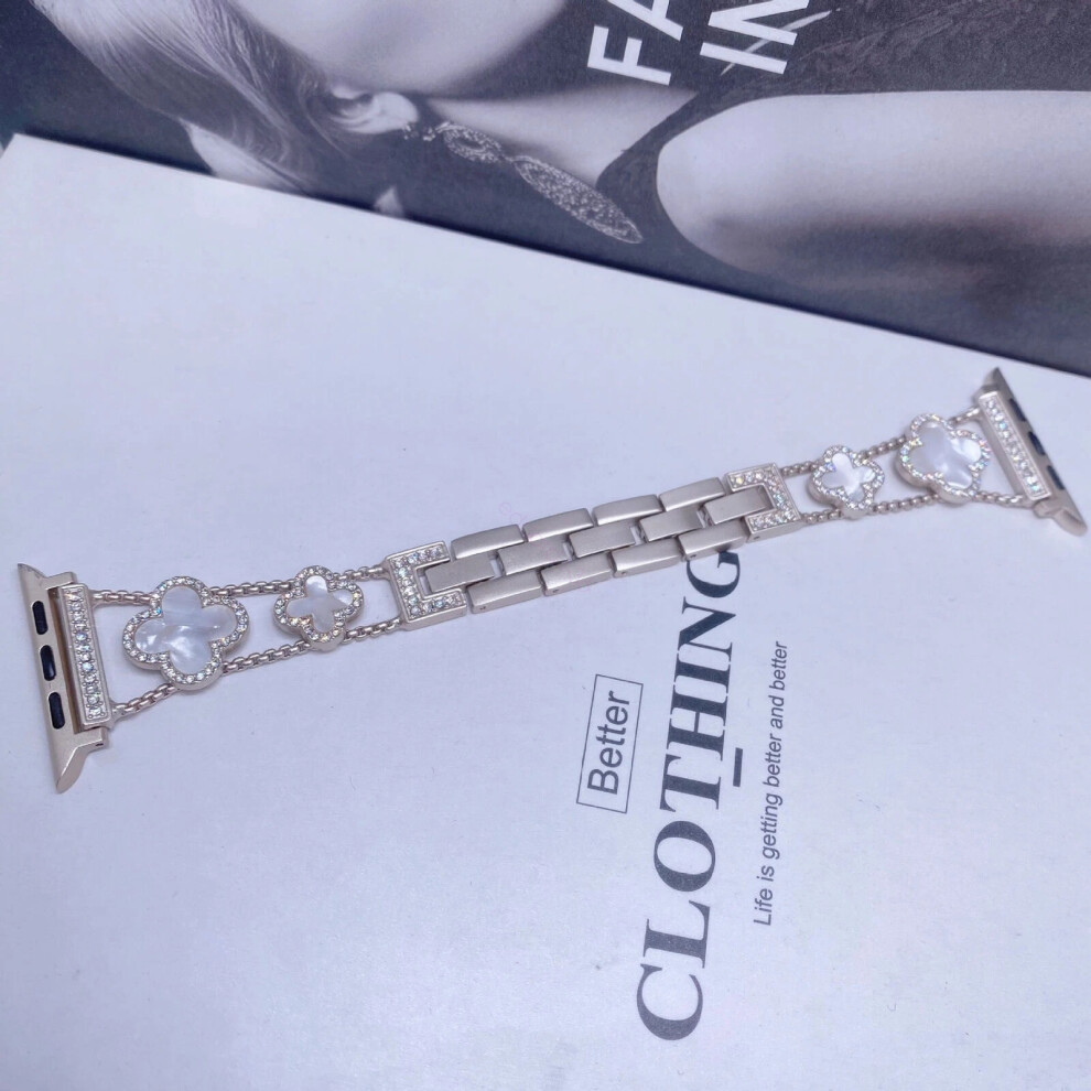 (Starlight color+white, 42/44/45MM) For i Watch1-8 Fashionable Diamond Inlaid Four-Leaf Clover Metal Watch Strap New-image-OPC-PHKKKCS-NEW