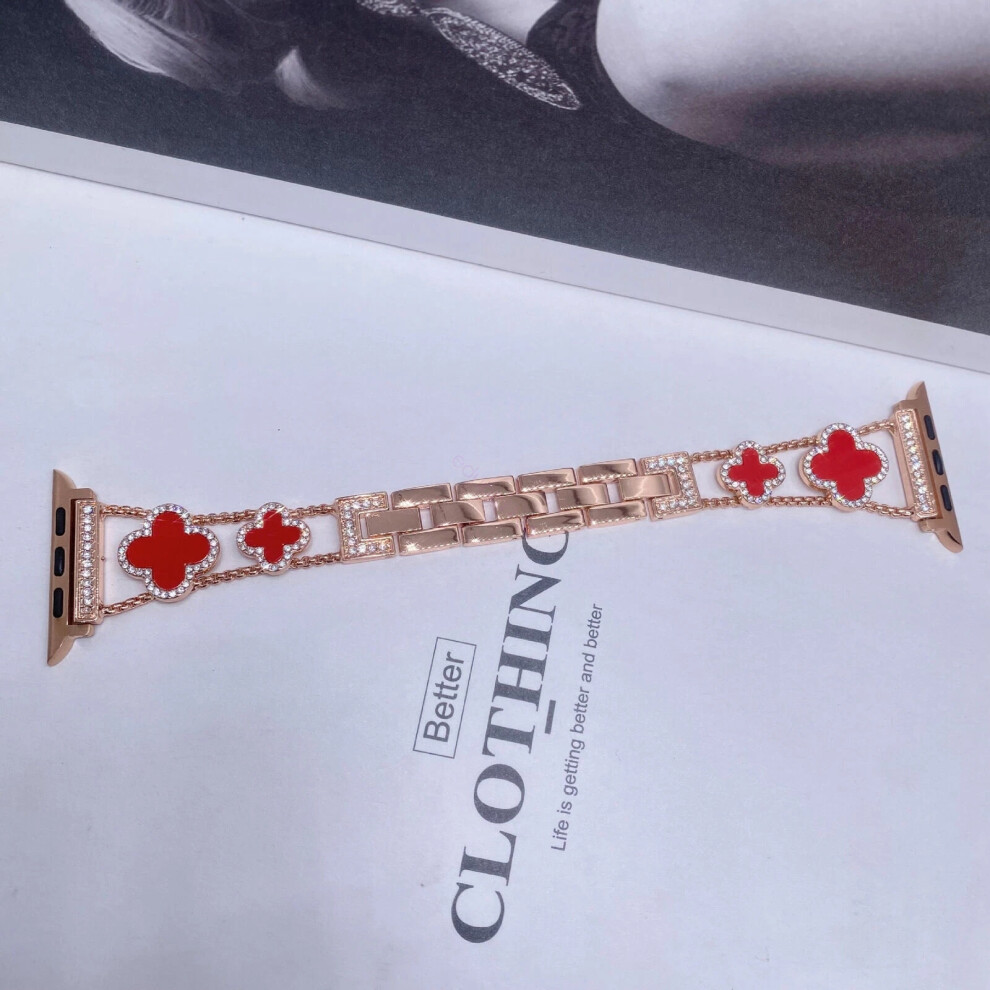 (Rose Gold+Red, 38/40/41MM) For i Watch1-8 Fashionable Diamond Inlaid Four-Leaf Clover Metal Watch Strap Hot-image-OPC-PHKKKF9-NEW