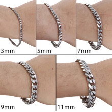 (11MM*25CM) 3/5/7/9/11mm Stainless Steel Silver Chain Curb Women Men Bangle Bracelet 18-25cm