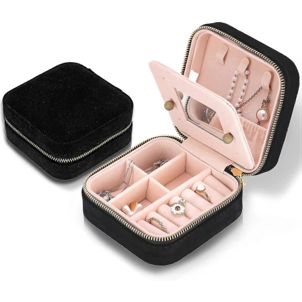 (As show, One size) Travel Velvet Jewelry Box with Mirror, Mini Gifts Case for Women Girls, Small Portable Organizer Boxes for Rings Earrings Necklace-image-OPC-PHKKNBT-NEW