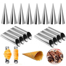 (Set A)16pcs Stainless Steel Cannoli Form Tubes, Cream Roll Mold, Diagonal Shaped, Free Standing Cone Shape