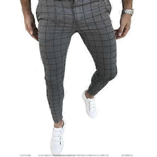 (M, gray) Men Plaid Slim Fit Business Work Pants