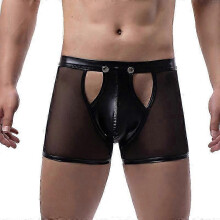 (XL, Red) Men's See Through Sexy Mesh With Faux Leather Loose Shorts Pants
