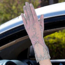 (05C Pink) Summer Women Uv Sunscreen Short Sun Gloves, Ice Silk Lace, Driving Of Thin
