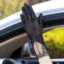 (05C Black) Summer Women Uv Sunscreen Short Sun Gloves, Ice Silk Lace, Driving Of Thin