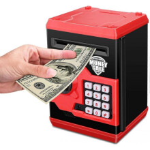 Cartoon Electronic ATM Password Piggy Bank Cash Coin Can Auto Scroll Paper Money Saving Box Gift for Kids (Black red)