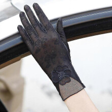(07A Black) Summer Women Uv Sunscreen Short Sun Gloves, Ice Silk Lace, Driving Of Thin