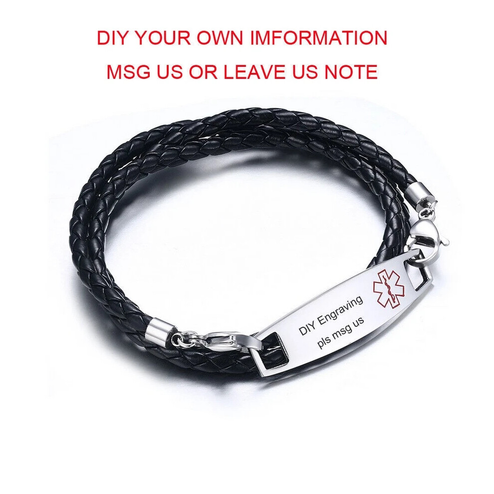 (TYPE 1 DIABETES) Medical Alert ID Tag Black Braided Leather Bracelet Personalized Engraving-image-OPC-PHKKRNF-NEW